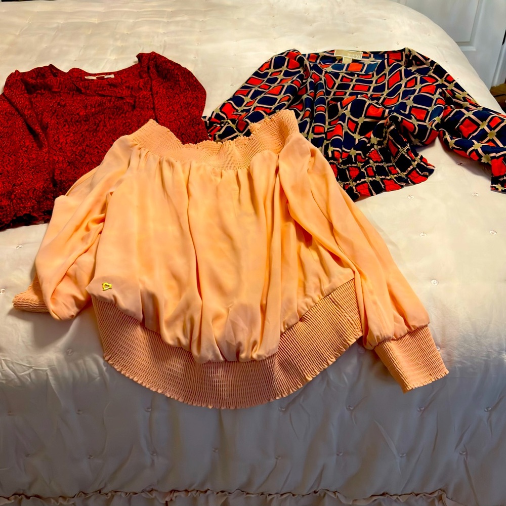Blue Multi Color Top, Red/Black Top and Peach Off-Shoulder Women's Top - Bundle